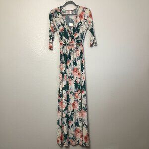 Pinkblush Maternity Floral V-Neck Maxi Dress Women's M Rosette Girly Spring NWT